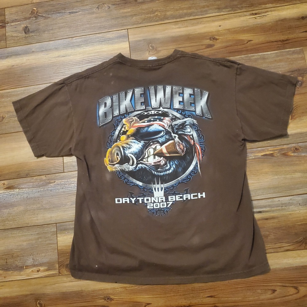 Vintage Jerzees 2007 Daytona Beach Bike Week T Shirt Brown XL Skull Hog Graphic